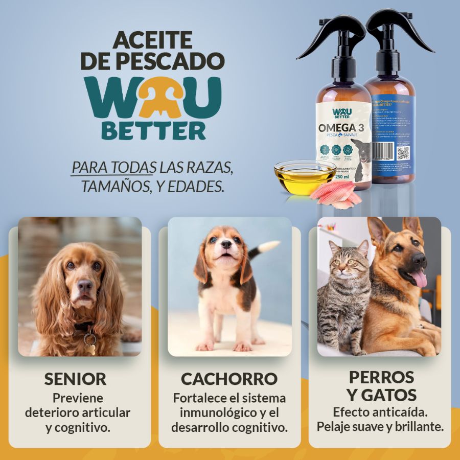Wau Better Omega 3 Natural para Perros 🐟✨, suplemento de pesca salvaje con EPA, DHA y vitamina E. Ideal para piel sana, pelaje brillante y articulaciones fuertes.