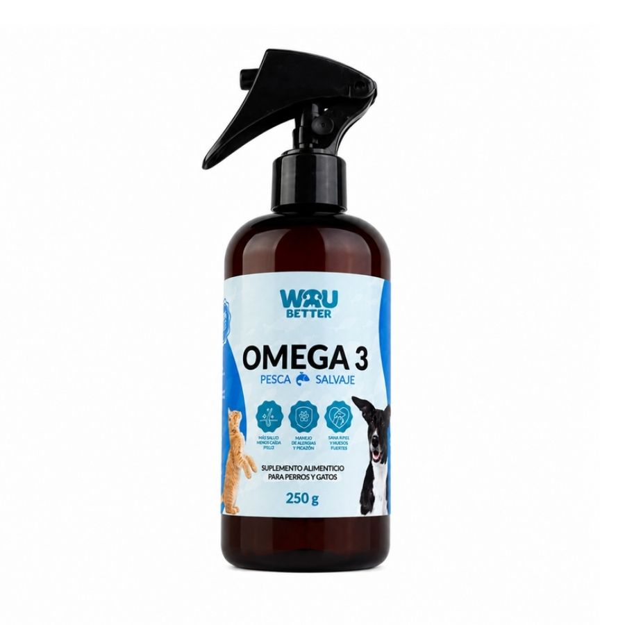 Envase de Wau Better Omega 3 Pesca Salvaje 250 g para perros y gatos, PET ámbar con bomba dosificadora tipo gatillo