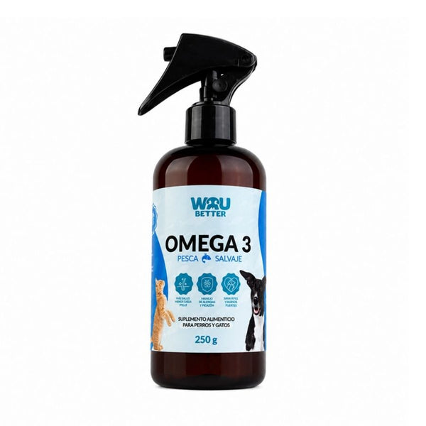 Envase de Wau Better Omega 3 Pesca Salvaje 250 g para perros y gatos, PET ámbar con bomba dosificadora tipo gatillo