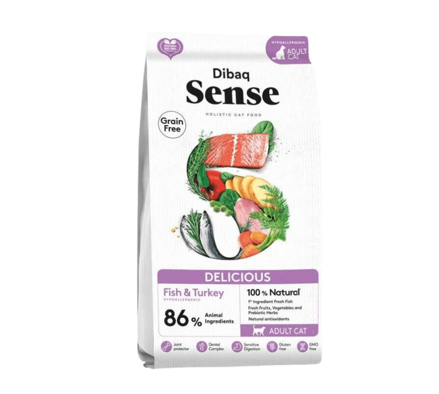 Dibaq Sense Grain Free Cat Pescado & Pavo 6KG: Alimento hipoalergénico para gatos adultos, con 86% de proteína animal, omega 3 y antioxidantes. ¡Cuida la salud de tu gato con esta receta de calidad! 🐱