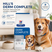 Hills Canine Derm Complete 2.9 KG, alimento veterinario para perros con sensibilidad cutánea, apoyo inmune y cuidado urinario.