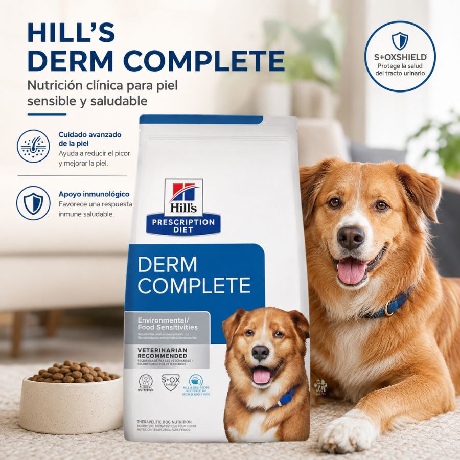 Hills Canine Derm Complete 2.9 KG, alimento veterinario para perros con sensibilidad cutánea, apoyo inmune y cuidado urinario.