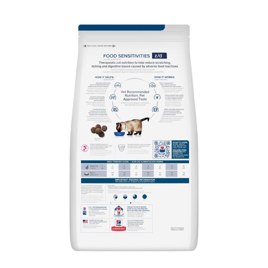 Hills Z/D Gato Food Sensitivities 1,8 kg apoya gatos con sensibilidad alimentaria, digestión sana y cuidado de piel.