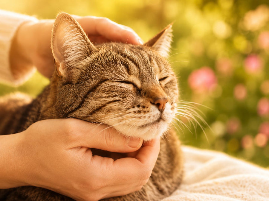 gato desparasitado relajado mientras es acariciado
