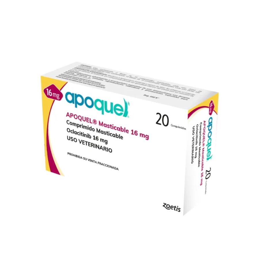 Apoquel Masticable 16mg 20 comprimidos, medicamento oral para perros con prurito, dermatitis alérgica y atópica bajo indicación veterinaria.