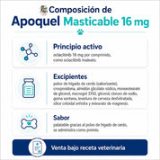 Composición de Apoquel Masticable 16 mg: oclacitinib 16 mg como maleato y excipientes, con sabor de hígado de cerdo