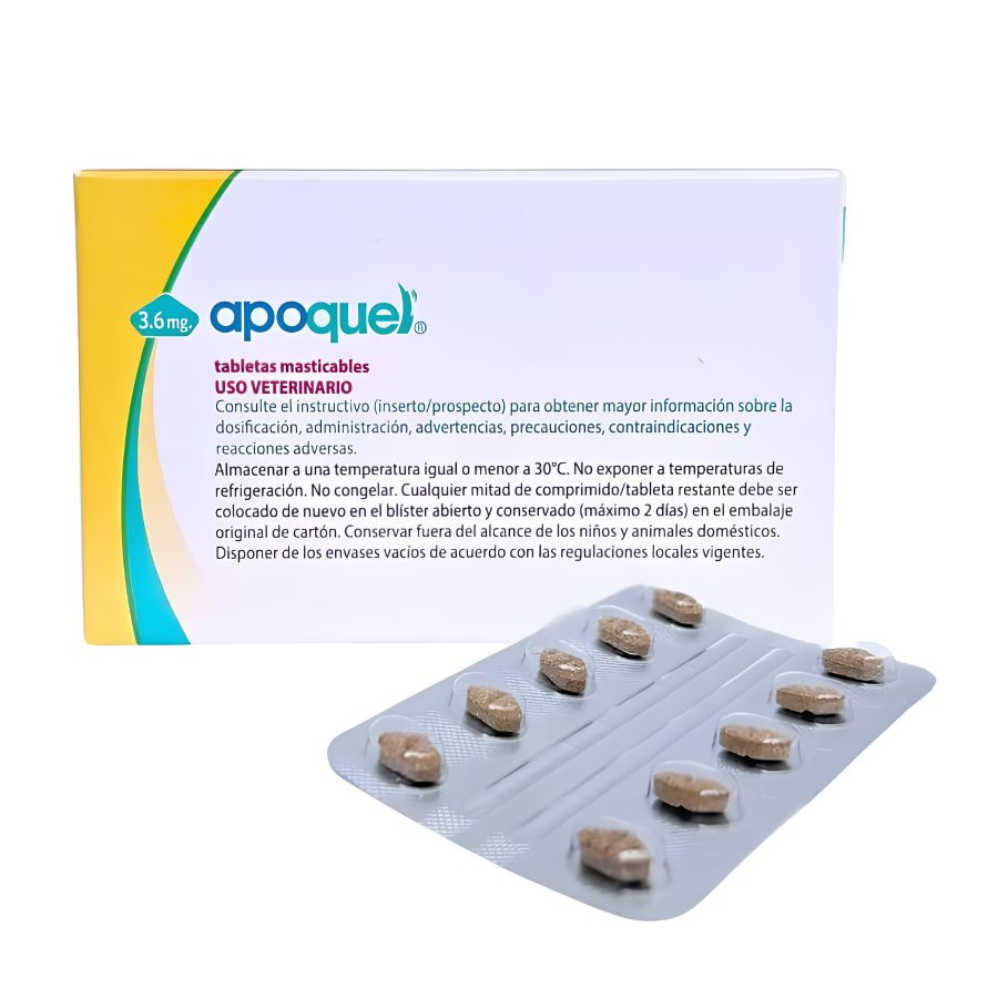 Caja de Apoquel Masticable 3,6 mg junto a un blíster con 10 comprimidos masticables de oclacitinib para perros