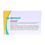 Reverso de la caja de Apoquel Masticable 3,6 mg con instrucciones de conservación, advertencias y uso veterinario