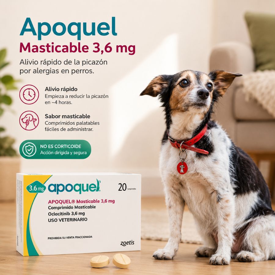 Perro junto a la caja de Apoquel Masticable 3,6 mg y dos comprimidos, con beneficios de alivio rápido y sabor masticable
