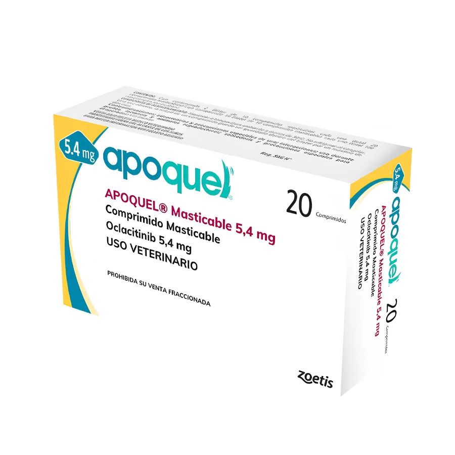 Caja de Apoquel Masticable 5,4 mg 20 comprimidos, vista en ángulo que muestra el frente y el lateral del envase