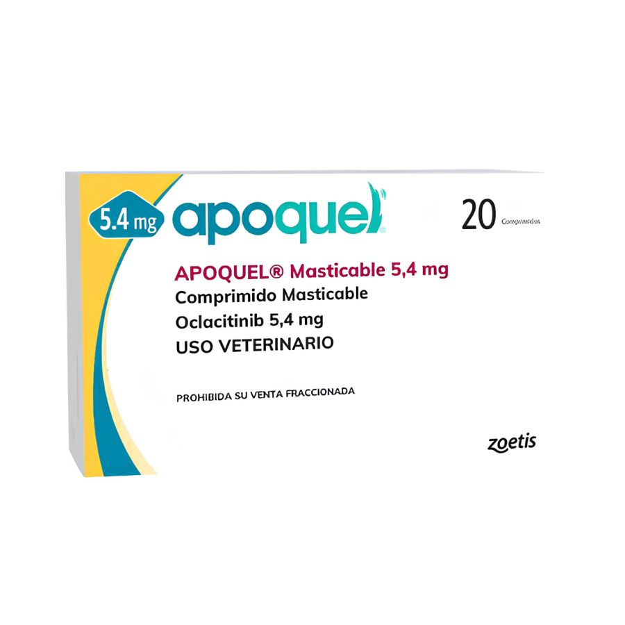 Caja de Apoquel Masticable 5,4 mg de Zoetis, 20 comprimidos masticables de oclacitinib para perros, vista frontal