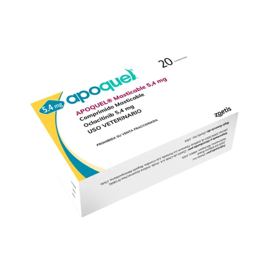 Caja de Apoquel Masticable 5,4 mg de Zoetis con el panel lateral de información y registro del producto a la vista