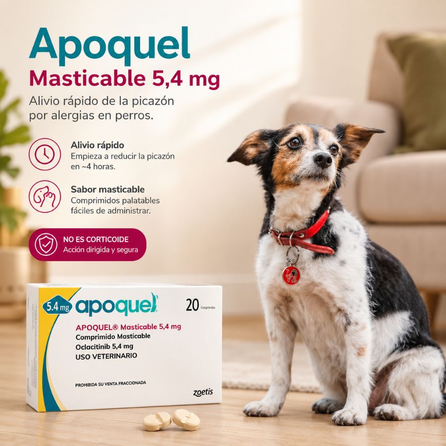 Perro junto a la caja de Apoquel Masticable 5,4 mg y dos comprimidos, con beneficios de alivio rápido y sabor masticable