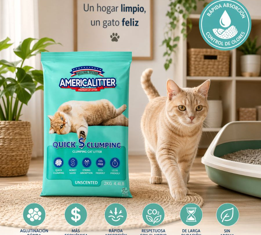 America Litter Quick Clumping 2 Kg, arena para gatos con aglutinación rápida y sin aroma, ideal para una limpieza fácil y duradera.