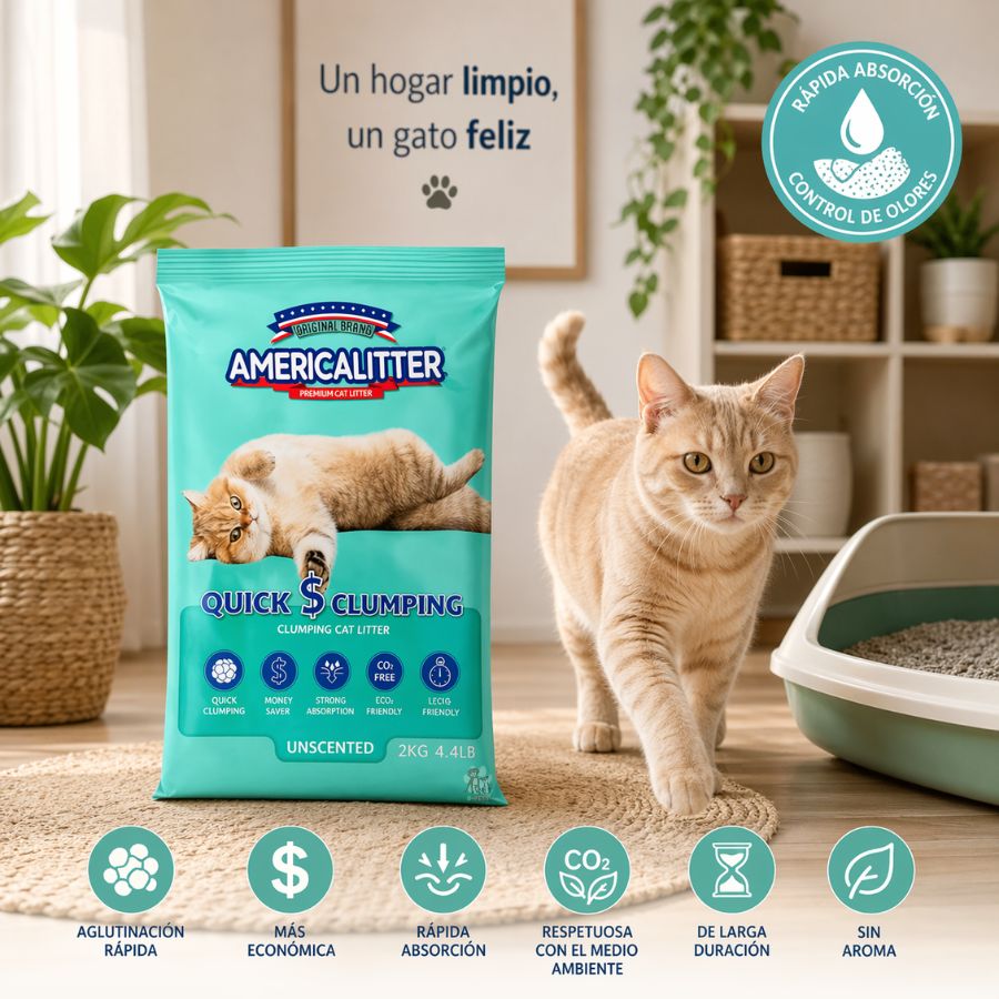 America Litter Quick Clumping 2 Kg, arena para gatos con aglutinación rápida y sin aroma, ideal para una limpieza fácil y duradera.