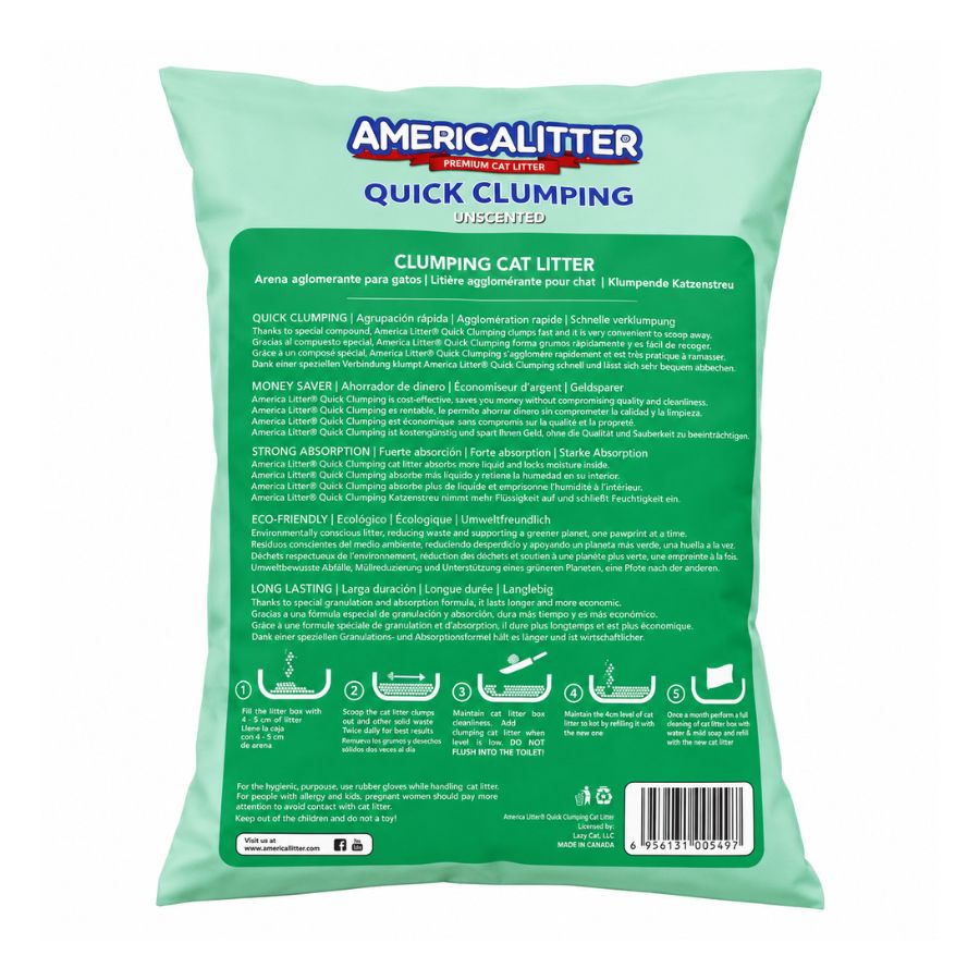 Reverso de America Litter Quick Clumping 2 kg con las instrucciones de uso paso a paso y el modo de limpieza del arenero