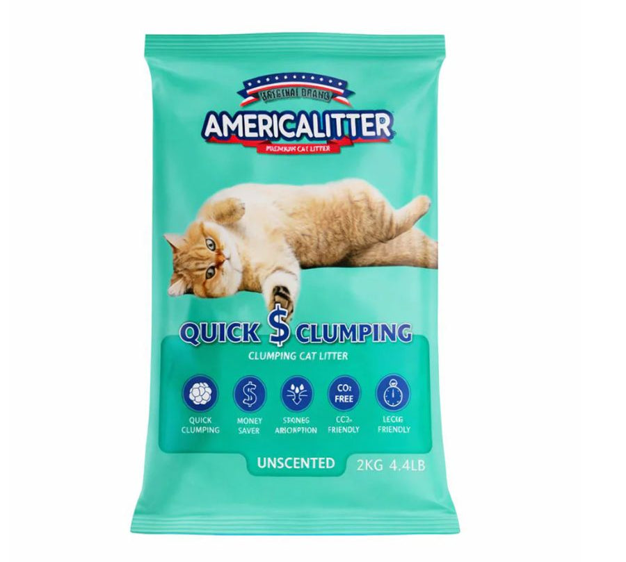 America Litter Quick Clumping 2 Kg, arena para gatos con aglutinación rápida y sin aroma, ideal para una limpieza fácil y duradera.