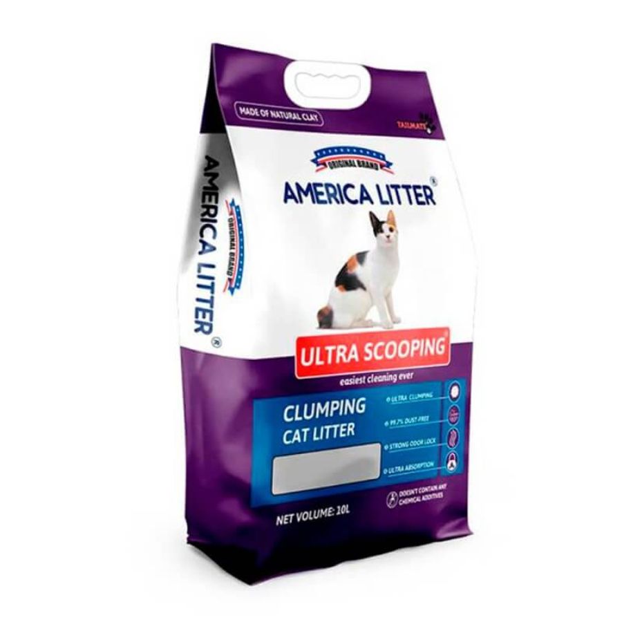 Arena America Litter Ultra Scooping 15 kg aglutina rápido, controla olores y ofrece bajo polvo para una limpieza práctica.