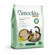 Bolsa de arena Amocléu 4 kg en vista de ángulo mostrando frente y lateral, con gránulos de maíz y sellos