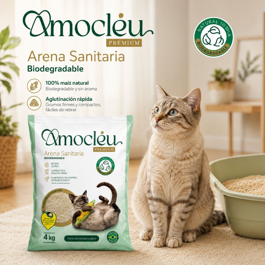 Bolsa de arena Amocléu 4 kg junto a un gato atigrado y su arenero en una sala, con sello biodegradable