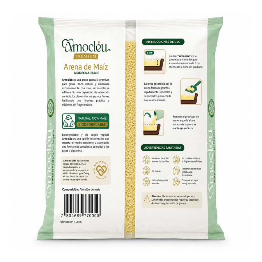 Reverso de arena Amocléu 4 kg con instrucciones de uso, advertencias sanitarias y composición de maíz