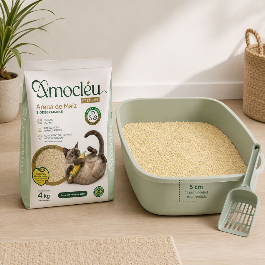 Bolsa de arena Amocléu 4 kg junto a un arenero lleno a 5 cm de profundidad con pala, en un hogar