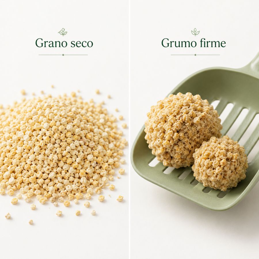 Comparativa de arena Amocléu: gránulos de maíz secos y dos grumos firmes formados sobre una pala