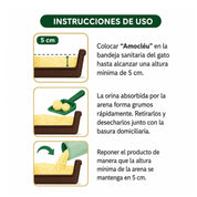 Infografía de instrucciones de uso de arena Amocléu en tres pasos: llenar a 5 cm, retirar grumos y reponer