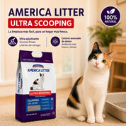 Arena America Litter Ultra Scooping 15 kg aglutina rápido, controla olores y ofrece bajo polvo para una limpieza práctica.