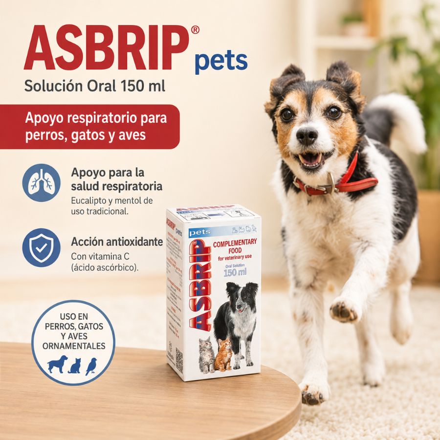 Asbrip Pets, apoyo respiratorio con eucalipto, mentol y vitamina C para perros, gatos y aves ornamentales