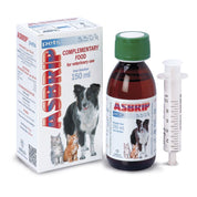 Frasco ámbar de Asbrip Pets con tapa verde y jeringa dosificadora graduada hasta 10 ml, junto a su caja