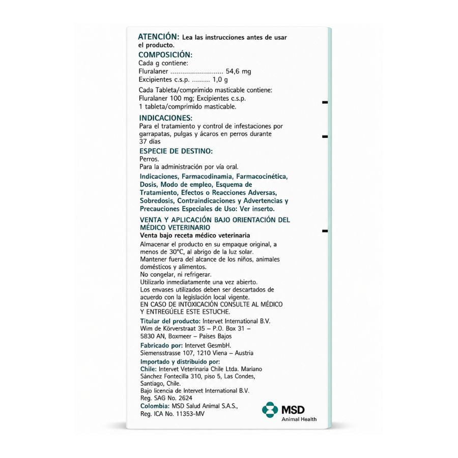Reverso de Bravecto 1M 100 mg con composición de fluralaner e indicaciones de uso, Reg. SAG N° 2624