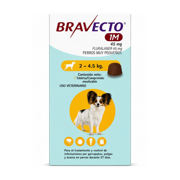 Bravecto 1M Perro 2-4,5 kg 45 mg, comprimido masticable antiparasitario con fluralaner, frente del envase