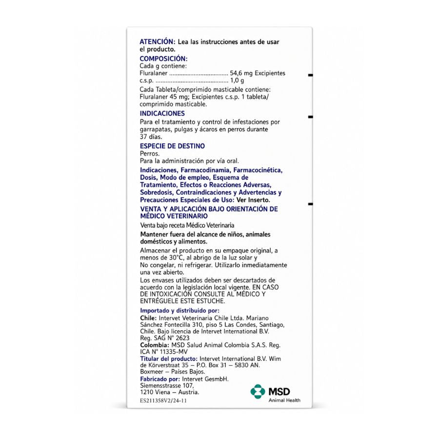 Reverso de Bravecto 1M Perro 2-4,5 kg: composición con fluralaner 45 mg, 37 días de protección, Reg. SAG N° 2623