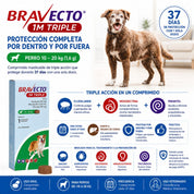 Triple acción de Bravecto 1M Triple Perro 10-20 kg: pulgas, garrapatas, áscaridos, anquilostomas y tricúridos en 37 días