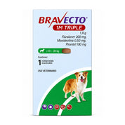 Bravecto 1M Triple Perro 10-20 kg 1,6 g, comprimido masticable antiparasitario de triple acción, frente del envase
