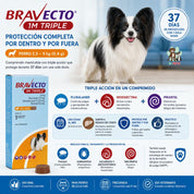 Bravecto 1M Triple Perro 2,5-5 kg junto a un perro, 37 días de protección por dentro y por fuera con una dosis