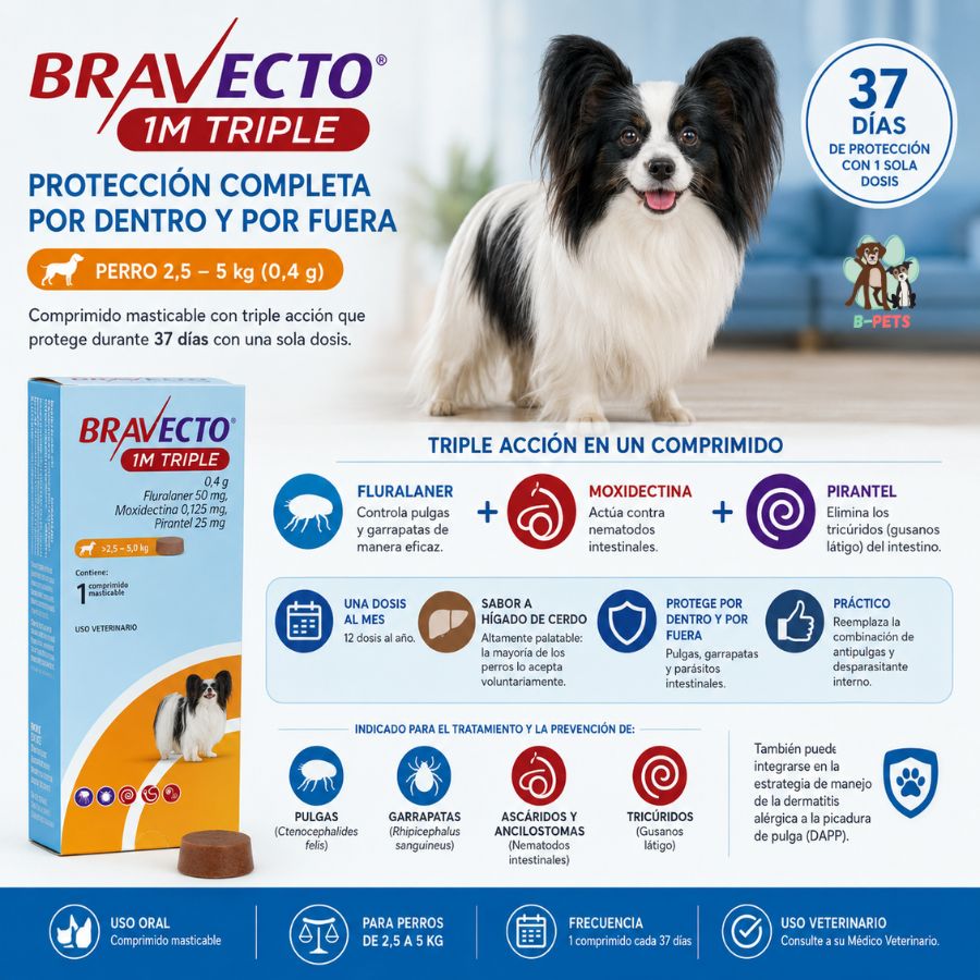 Bravecto 1M Triple Perro 2,5-5 kg junto a un perro, 37 días de protección por dentro y por fuera con una dosis