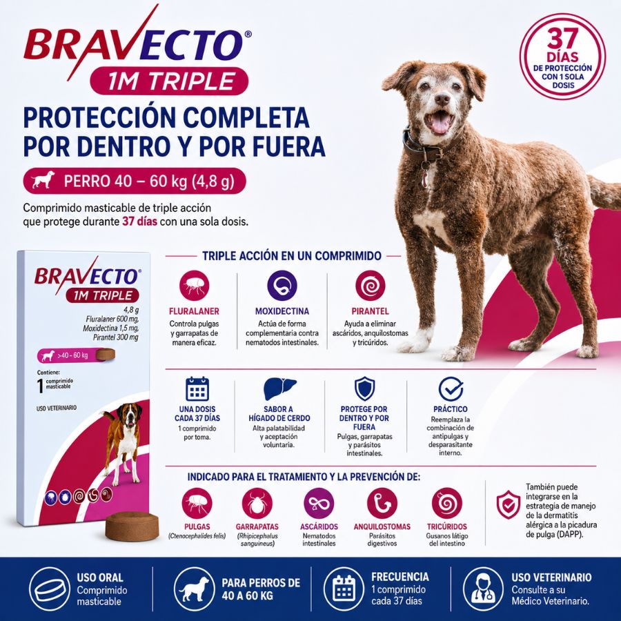Triple acción de Bravecto 1M Triple Perro 40-56 kg: pulgas, garrapatas, áscaridos, anquilostomas y tricúridos en 37 días