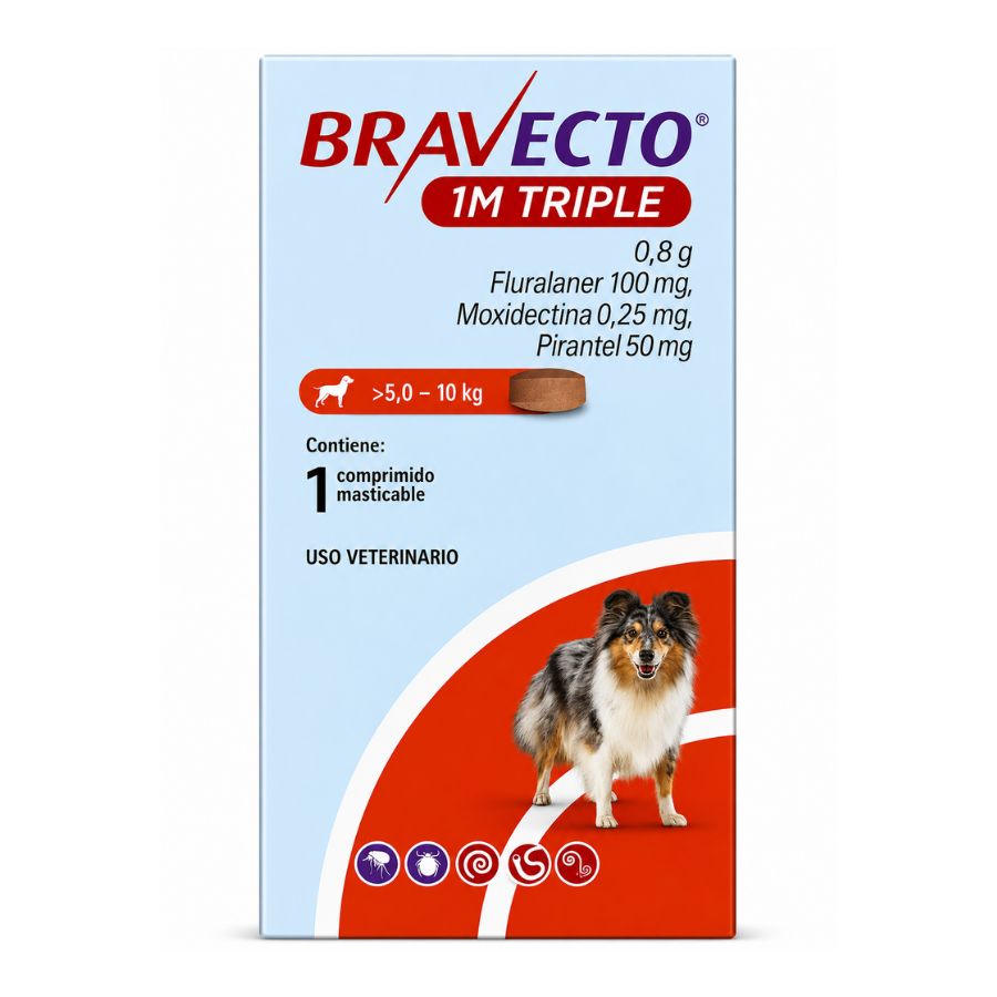 Bravecto 1M Triple Perro 5-10 kg 0,8 g, comprimido masticable antiparasitario de triple acción, frente del envase