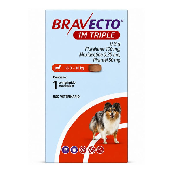 Bravecto 1M Triple Perro 5-10 kg 0,8 g, comprimido masticable antiparasitario de triple acción, frente del envase