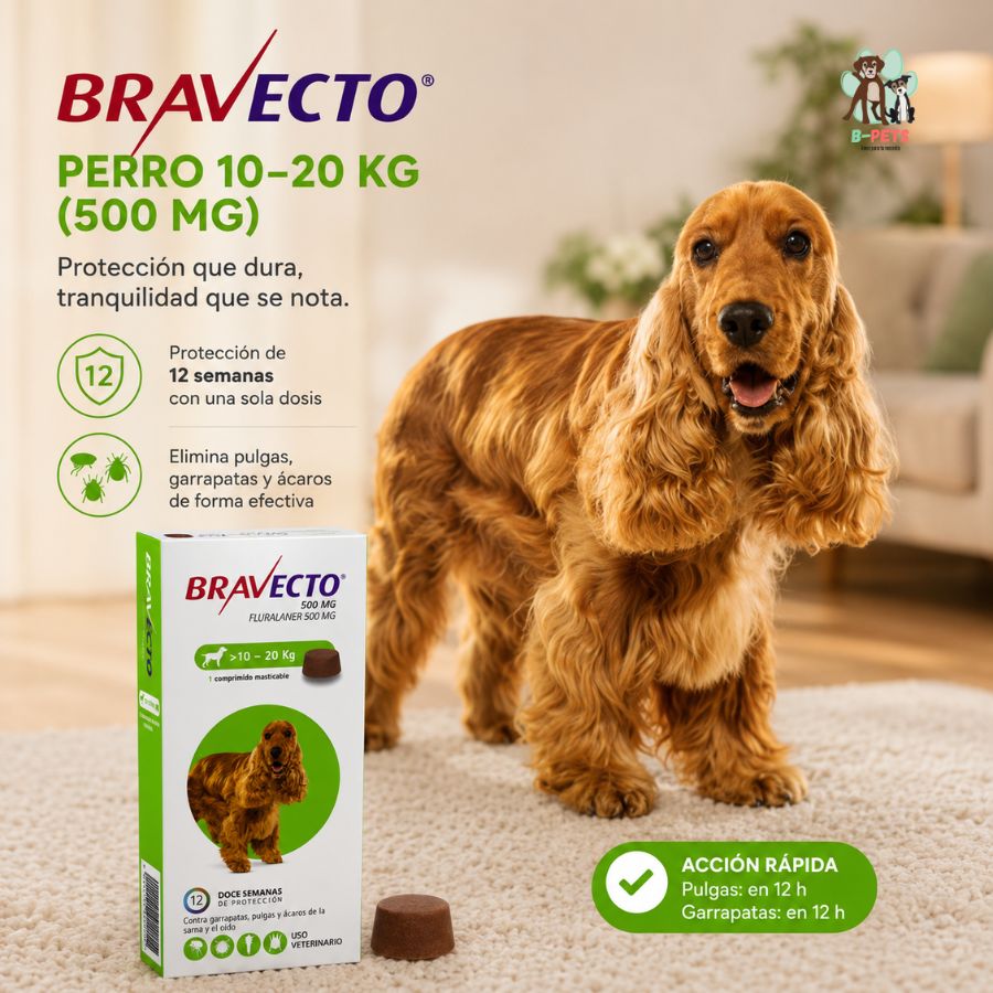 Beneficios de Bravecto Perro 10-20 kg: 12 semanas de protección con una dosis contra pulgas, garrapatas y ácaros
