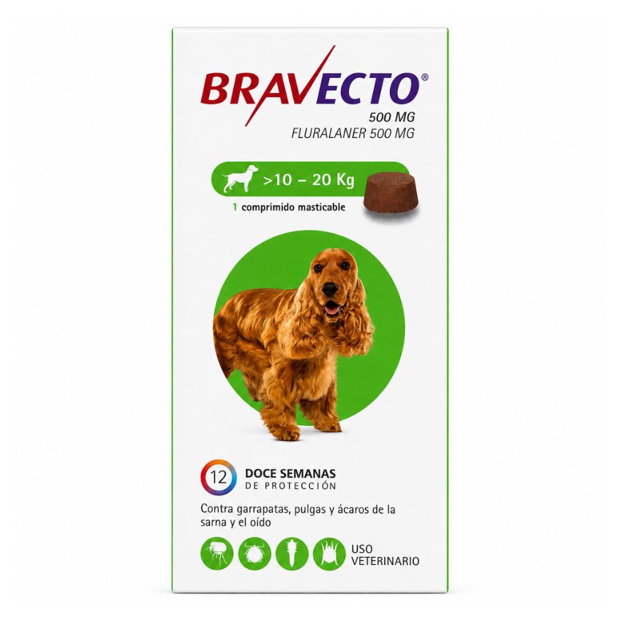 Bravecto Perro 10-20 kg 500 mg, comprimido masticable antiparasitario, frente del envase con 12 semanas de protección