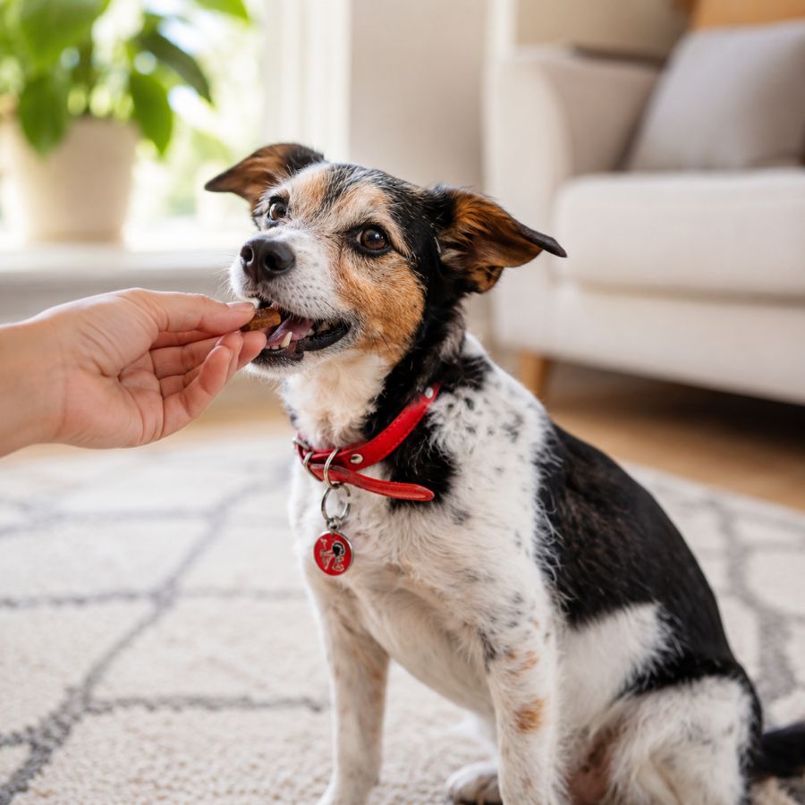 Perro pequeño recibiendo de la mano un comprimido masticable Bravecto en el living de su casa