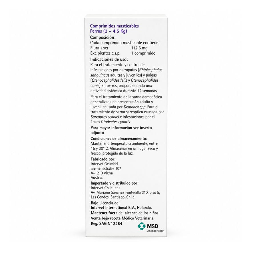 Reverso de la caja de Bravecto Perro 2 a 4,5 kg (112,5 mg) con composición, indicaciones y Reg. SAG 2284