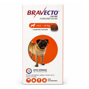 Caja de Bravecto Perro 4,5 a 10 kg (250 mg) de frente, comprimido masticable de fluralaner con 12 semanas de protección