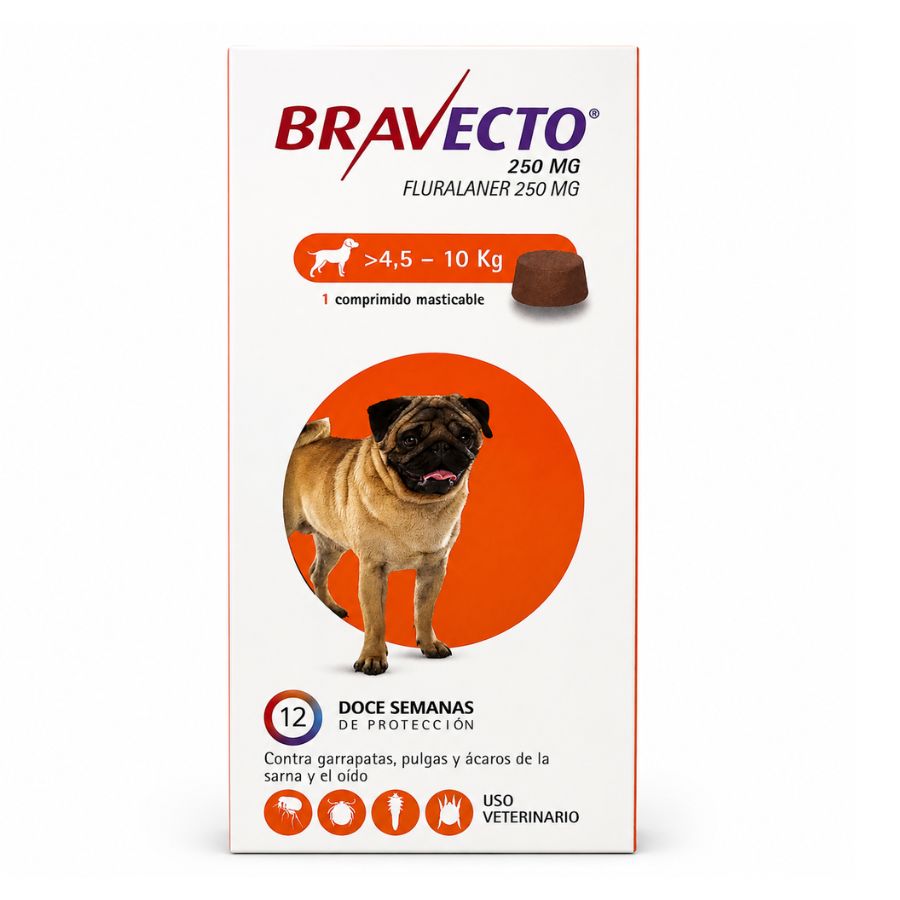 Caja de Bravecto Perro 4,5 a 10 kg (250 mg) de frente, comprimido masticable de fluralaner con 12 semanas de protección