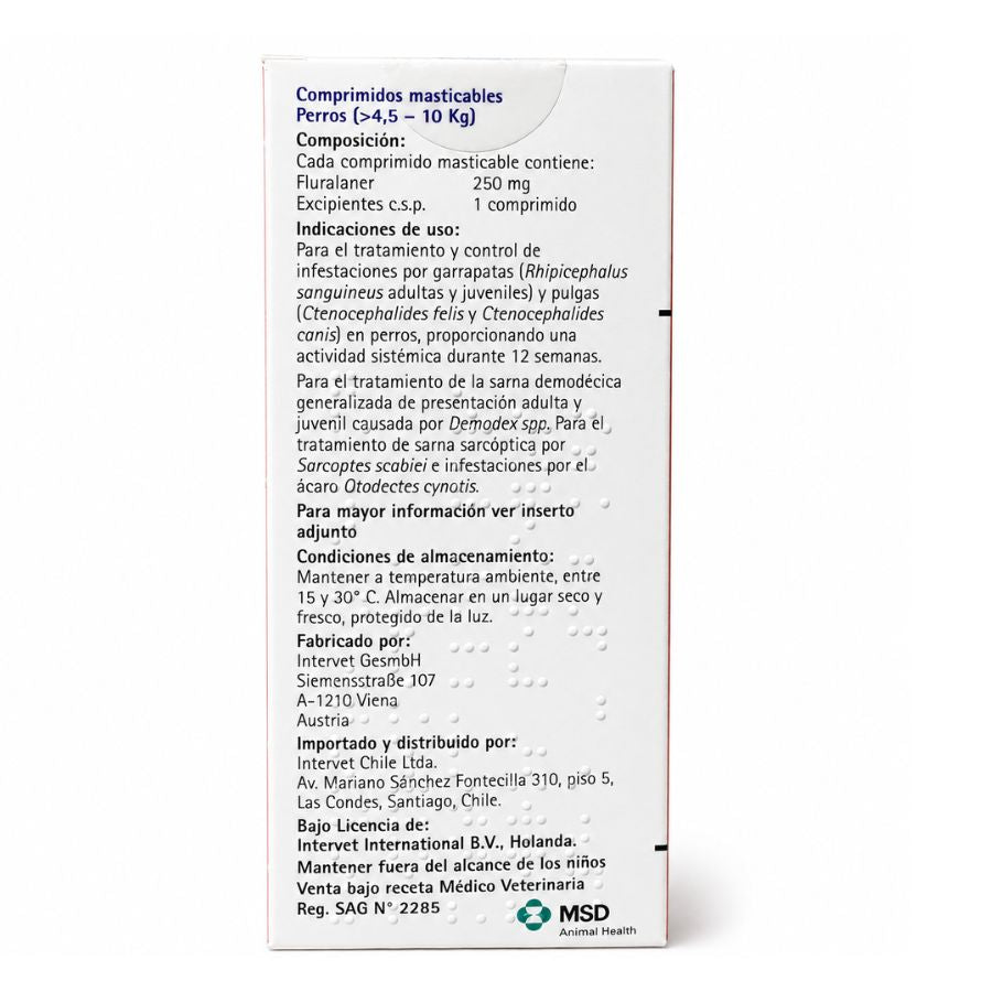 Reverso de la caja de Bravecto Perro 4,5 a 10 kg (250 mg) con composición, indicaciones y Reg. SAG