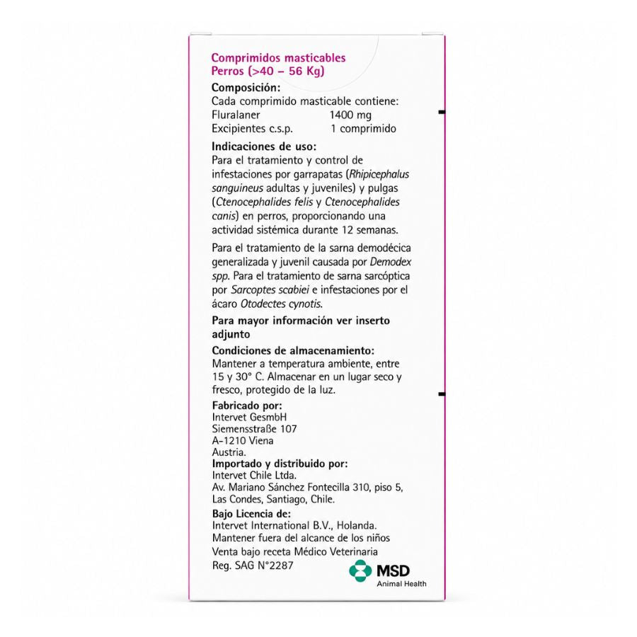 Reverso de Bravecto Perro 40-56 kg: composición con fluralaner 1400 mg, indicaciones y Reg. SAG N° 2287