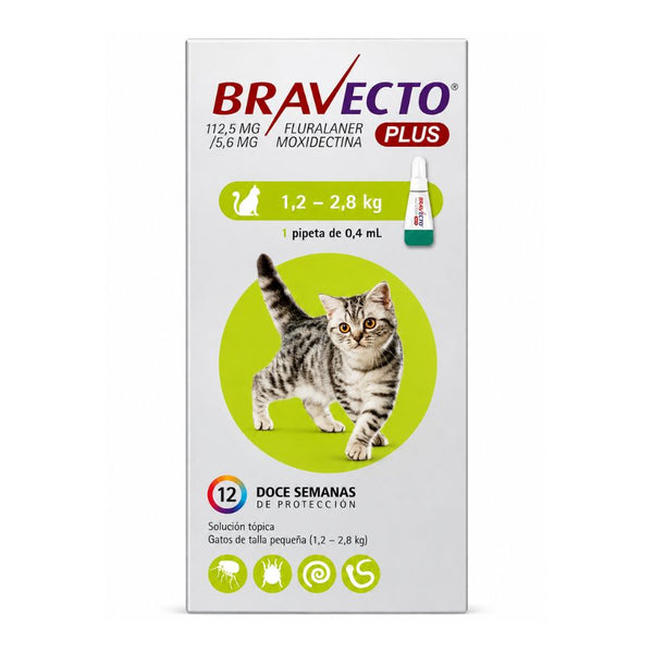 Bravecto Plus Gato 1,2-2,8 kg 112,5 mg, pipeta spot-on antiparasitaria, frente del envase con 12 semanas de protección